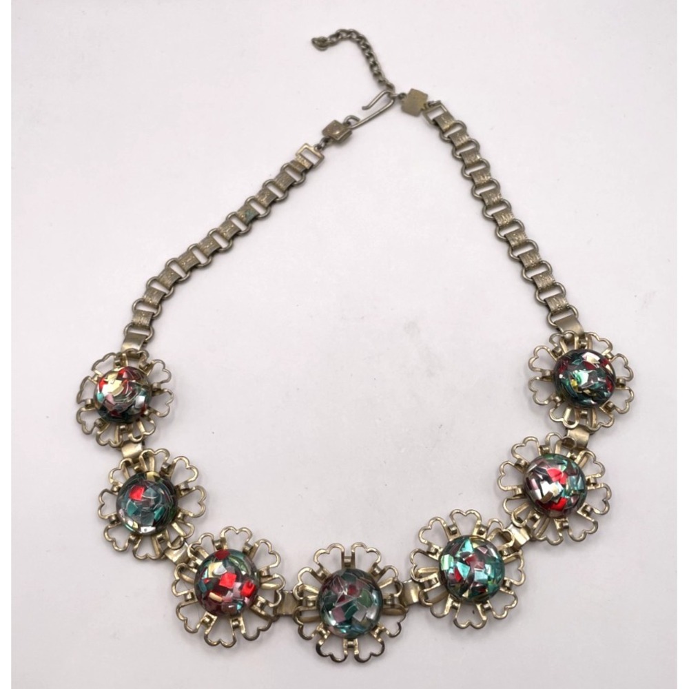 Vintage Confetti Lucite Necklace Panel Bib Colorful Foil Glitter 1950s
